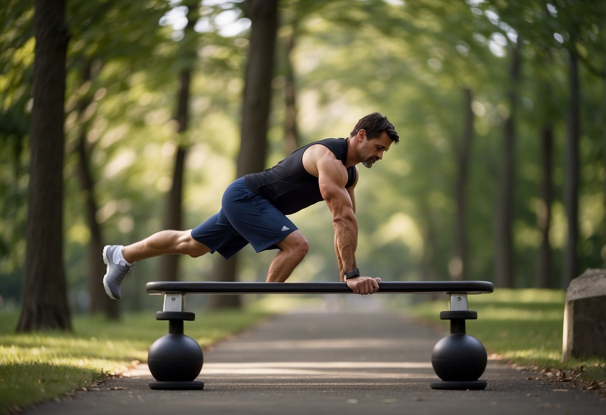 A figure balances on one leg while reaching for a dumbbell, with other hand extended in a dynamic movement. Nearby, another figure holds a plank position, creating a balanced workout scene
