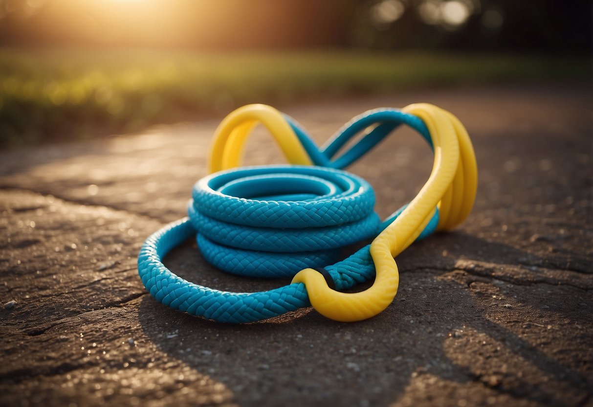 A figure-eight resistance band is looped around two stable objects, with the band held taut. Ankle weights are placed on the ground, ready to be used for flexibility training