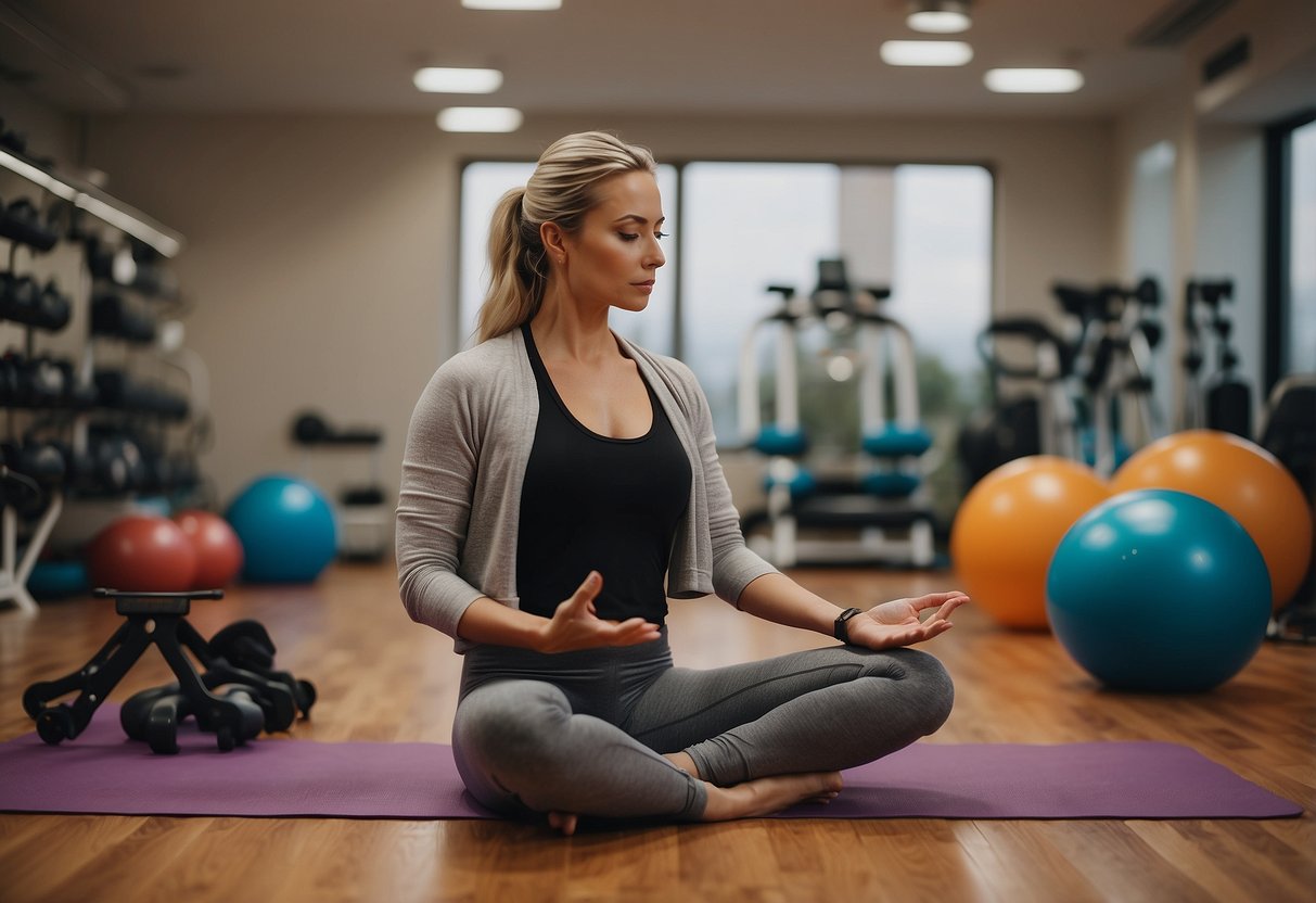 A figure holding a static yoga pose, surrounded by physical therapy equipment and recovery tools