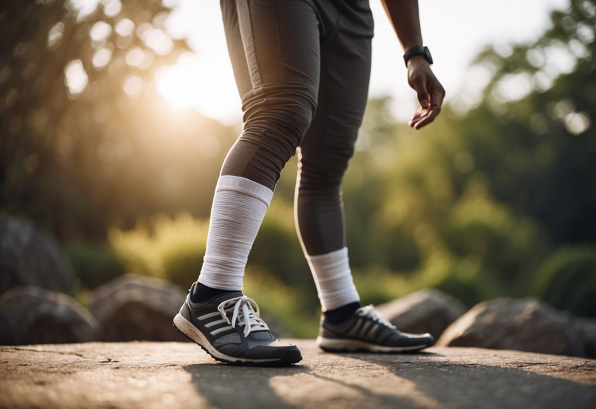 A figure standing on one leg, arms outstretched, eyes focused. Ankle wrapped in a bandage. Surrounding environment serene and calm