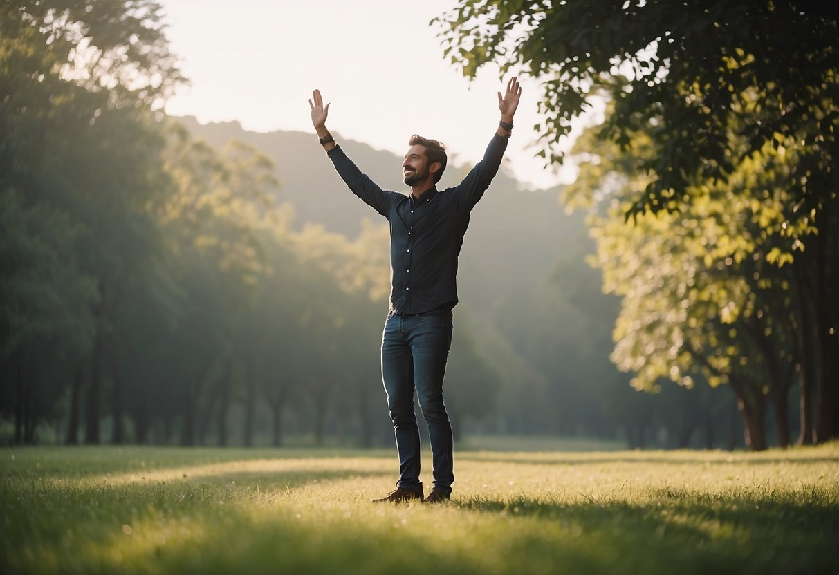 A figure stands on one leg, the other extended straight out in front. The arms are raised overhead, palms facing each other. The whole body is strong and steady, showing lower body strength
