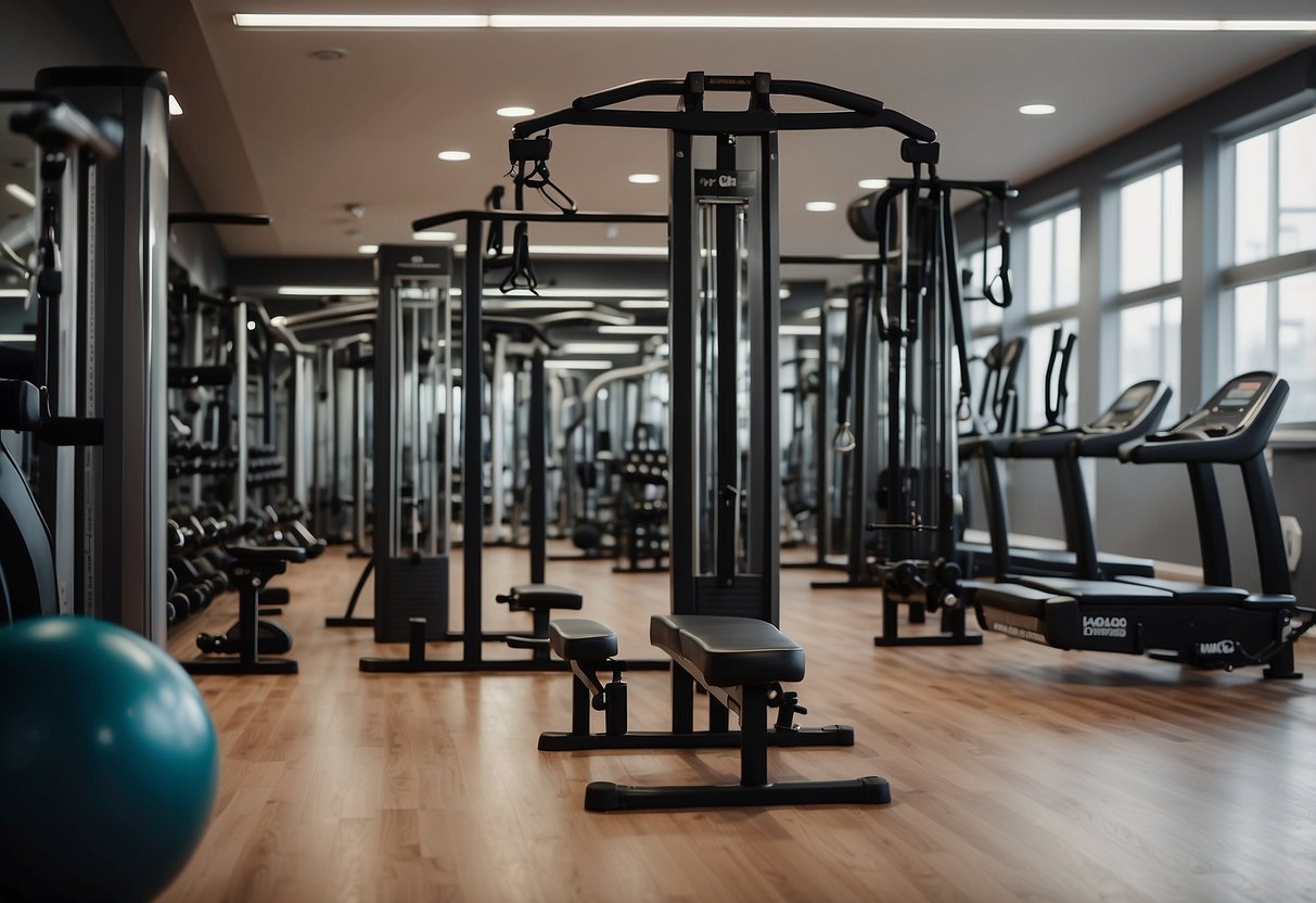 A group of exercise equipment arranged in a spacious room, with a list of top 10 static hold exercises for seniors displayed on a wall-mounted board
