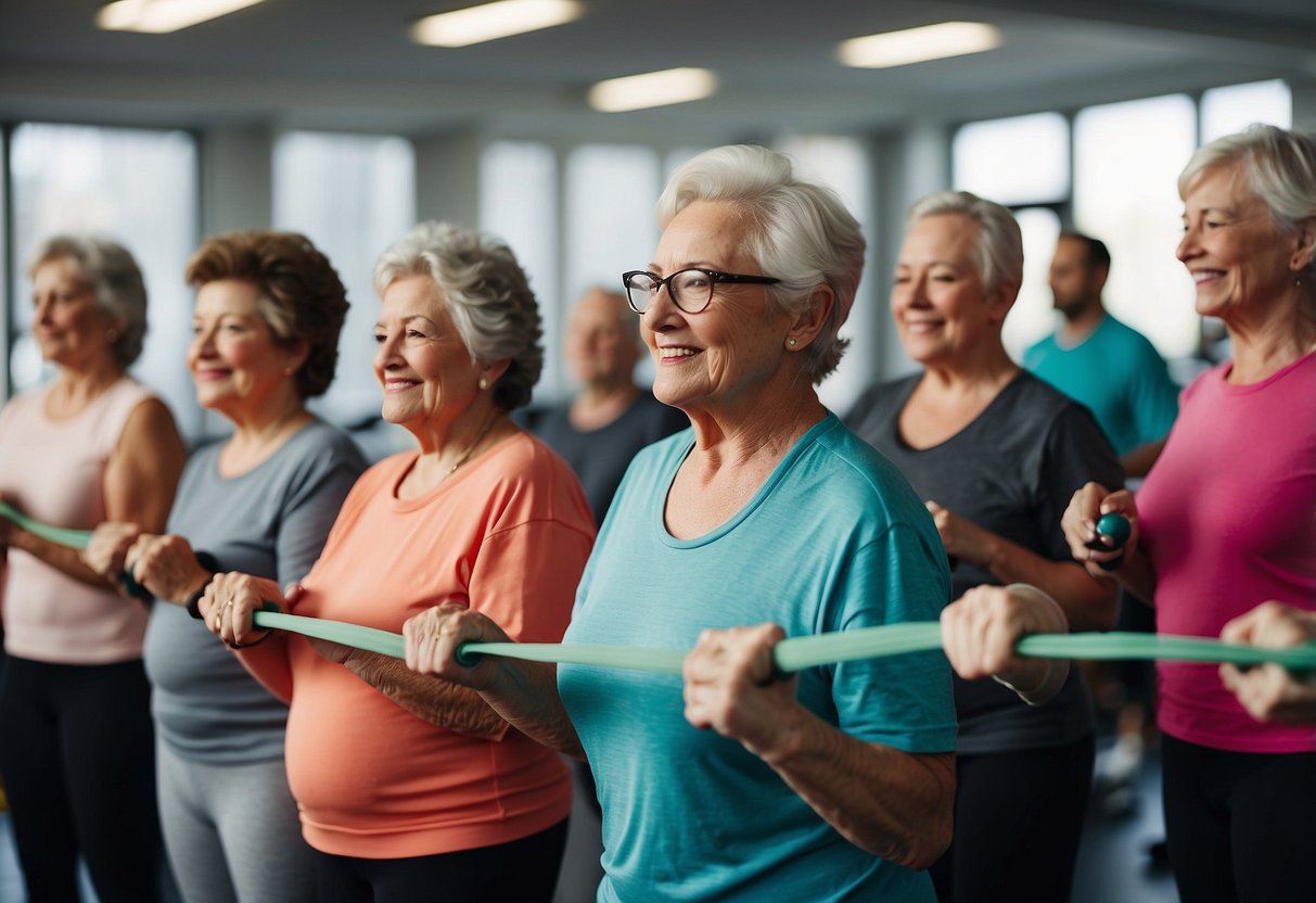 A group of senior citizens engage in static hold exercises using resistance bands and weights in a well-lit gym with supportive trainers guiding them