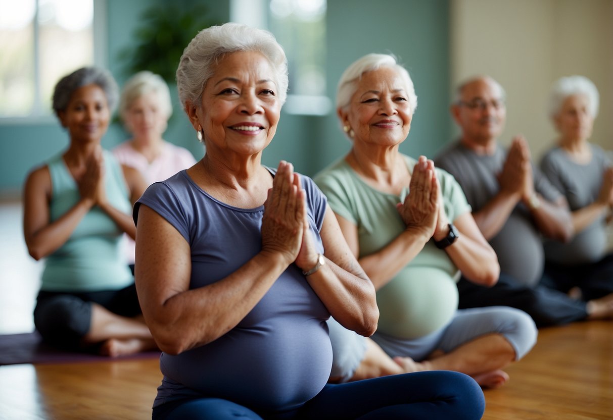 A group of seniors gather in a community center, practicing yoga together. They engage in static holds, focusing on their breath and posture, fostering a sense of connection and social support