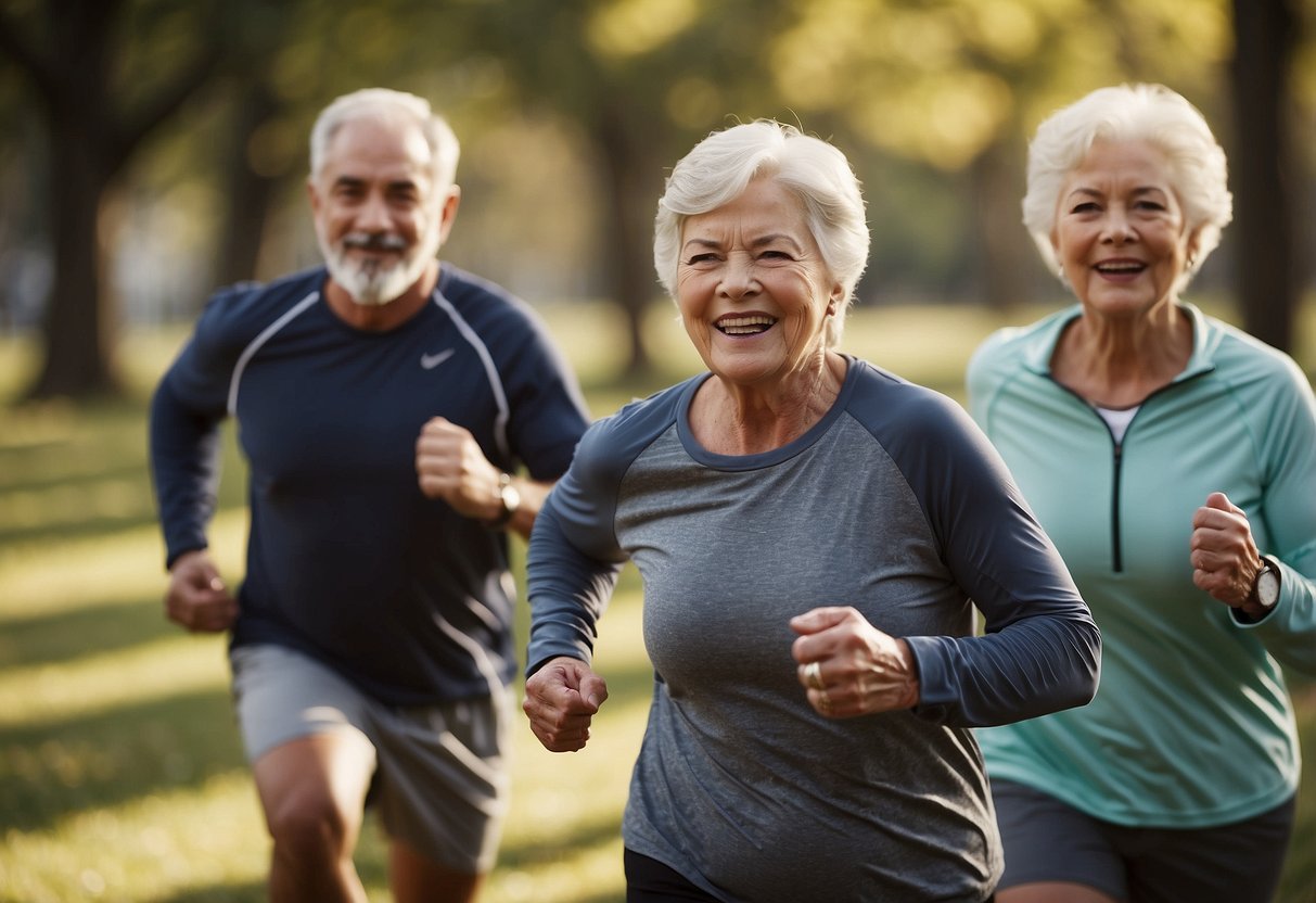 A group of seniors gather in a park, exercising together with support from each other. They engage in cardio activities, promoting cardiovascular health