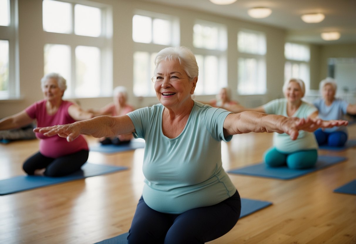 A group of seniors participating in a low-impact exercise class, focusing on activities that promote bone health. The instructor is leading the class in a series of gentle movements and stretches