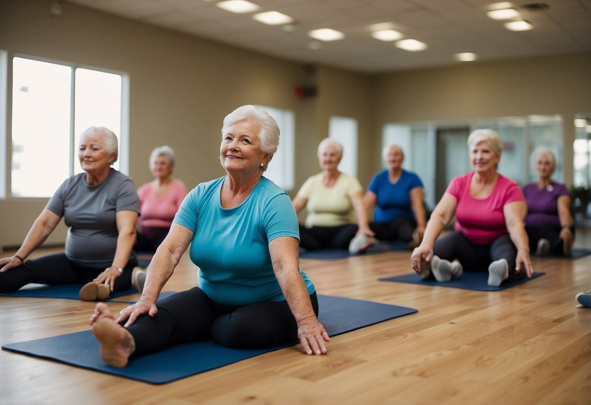A group of seniors performing various static hold exercises, including planks, wall sits, and chair poses, with modifications to accommodate different fitness levels