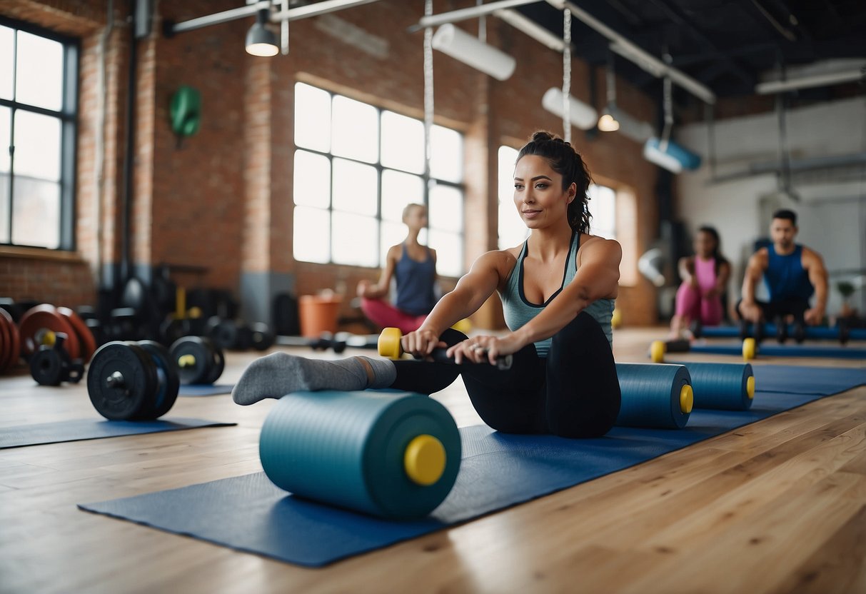 A gym floor with yoga mats, weights, and resistance bands. A person holding a plank, while another does a wall sit. Balancing exercises in the background