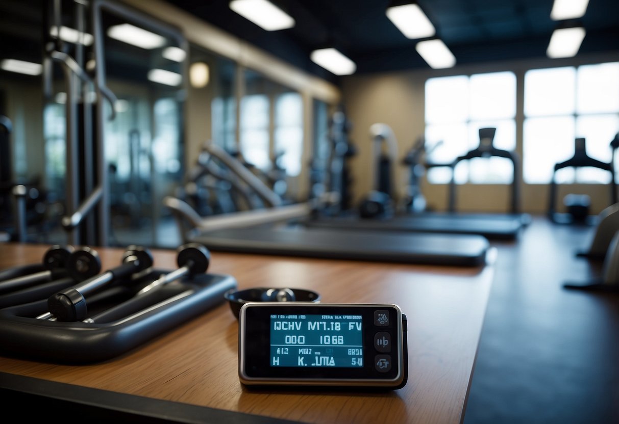 A gym with various exercise equipment arranged in a balanced layout. Timer and workout log visible, indicating progress tracking. Static holds incorporated into the routine