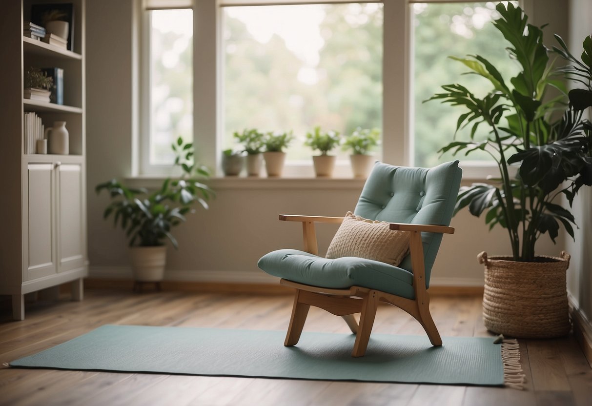 A peaceful room with a yoga mat, chair, and support props. Soft lighting and calming colors create a serene environment for gentle movement and relaxation
