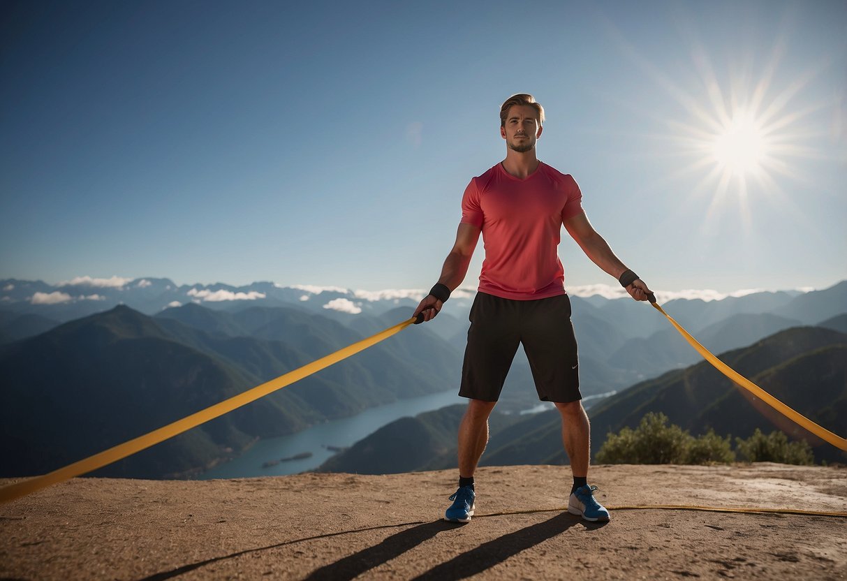 A person performing static holds with a resistance band, gradually increasing intensity. A timer shows the progression from shorter to longer holds