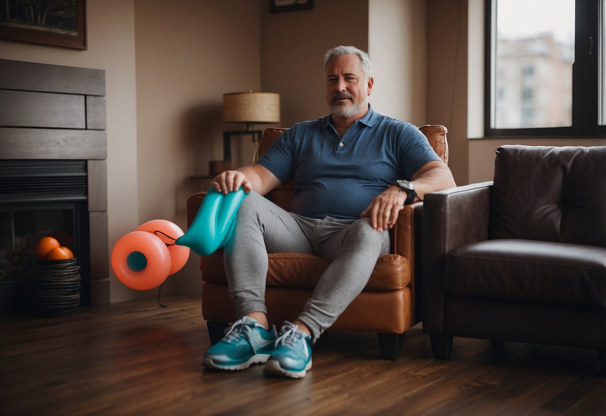 A person sitting in a chair with a timer, a resistance band, and a foam roller nearby