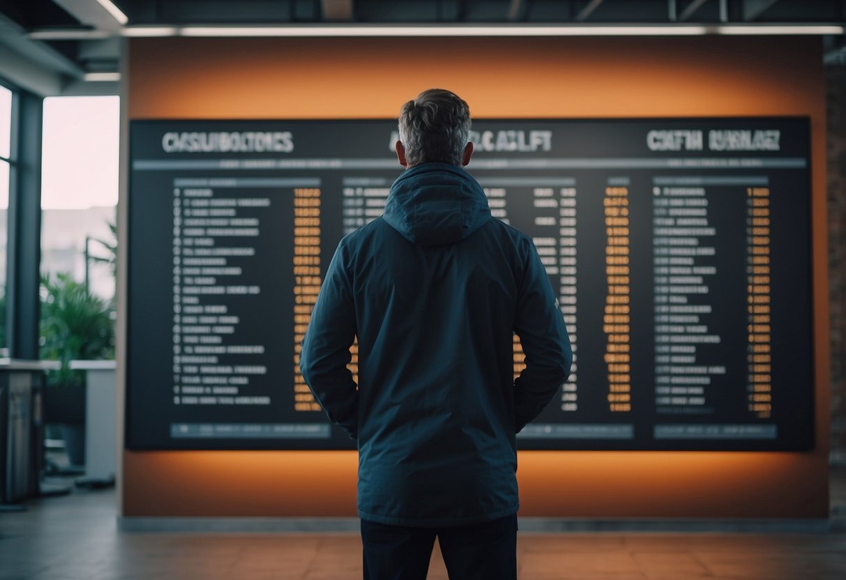 A person standing in front of a poster with a list of static holds for cardiovascular health, with a stopwatch and a water bottle nearby