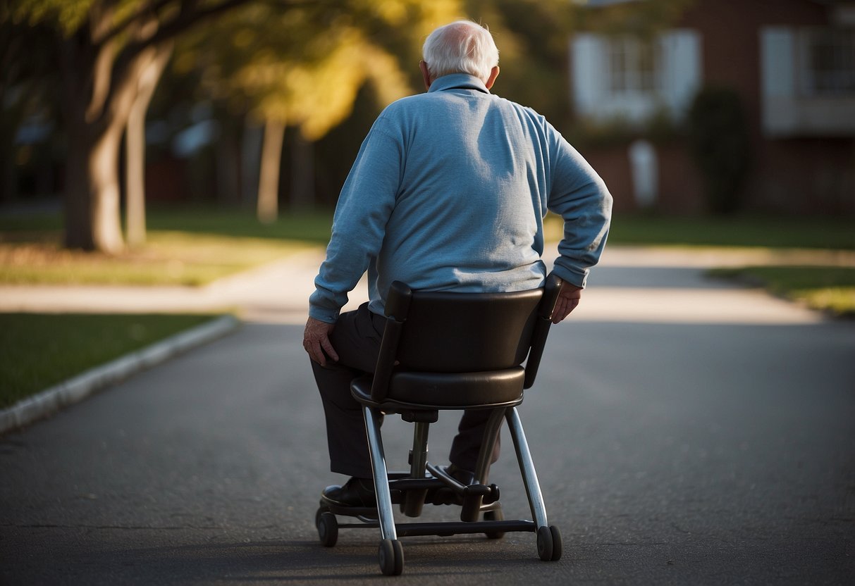 A senior holds onto a sturdy chair while lifting their legs one at a time, then squatting down and standing back up