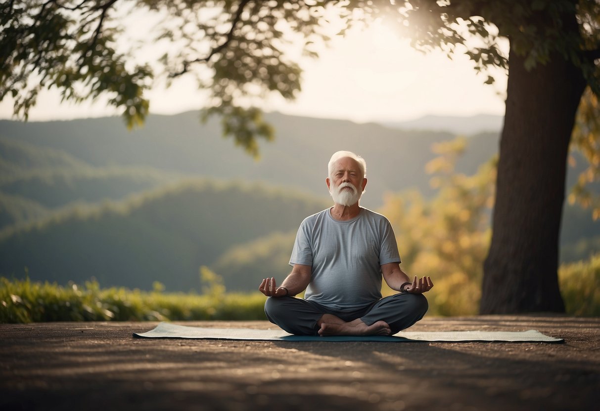 A senior person practicing yoga, holding a static pose with peaceful surroundings