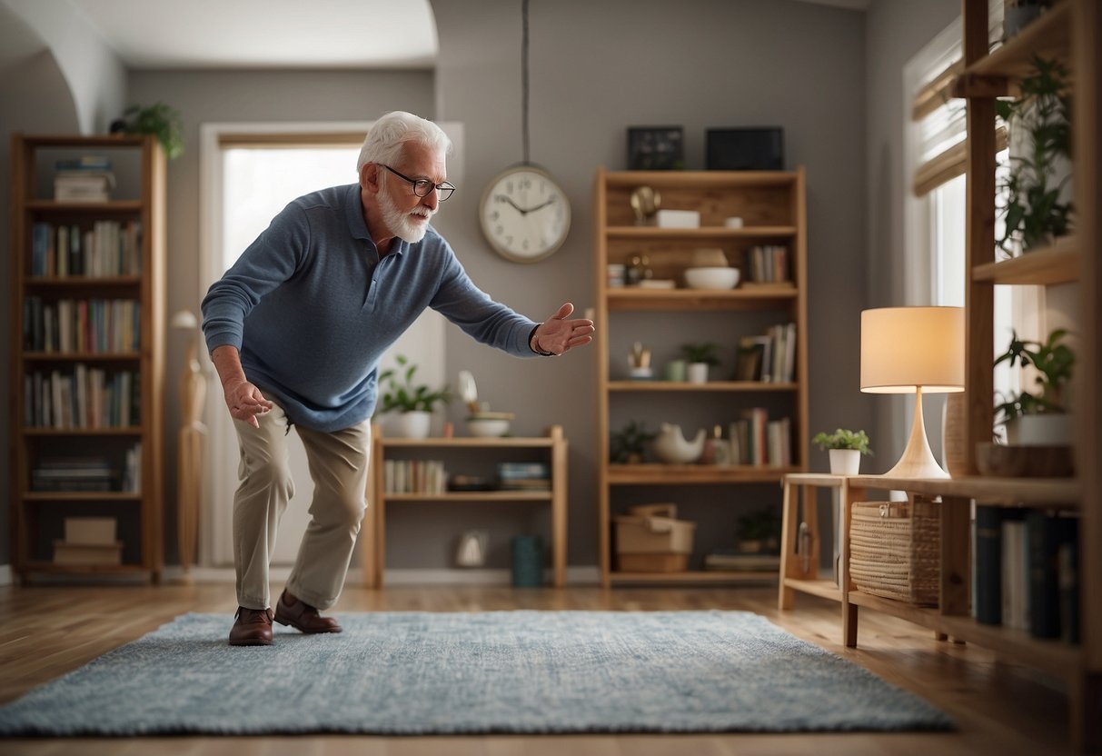 A senior stands on one leg, reaching for a high shelf. A rug lies nearby. A caregiver observes, ready to assist