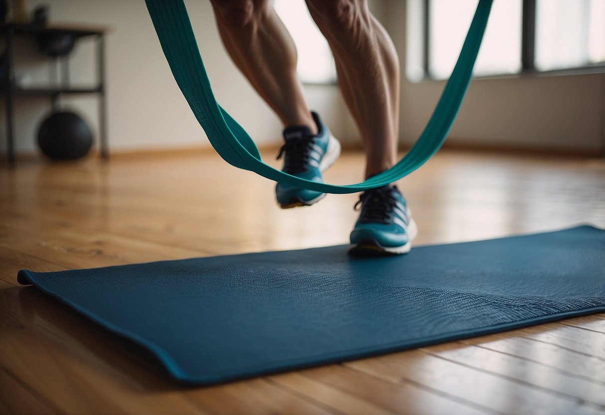 A senior uses resistance bands to perform leg lifts and balance exercises on a non-slip mat in a well-lit room