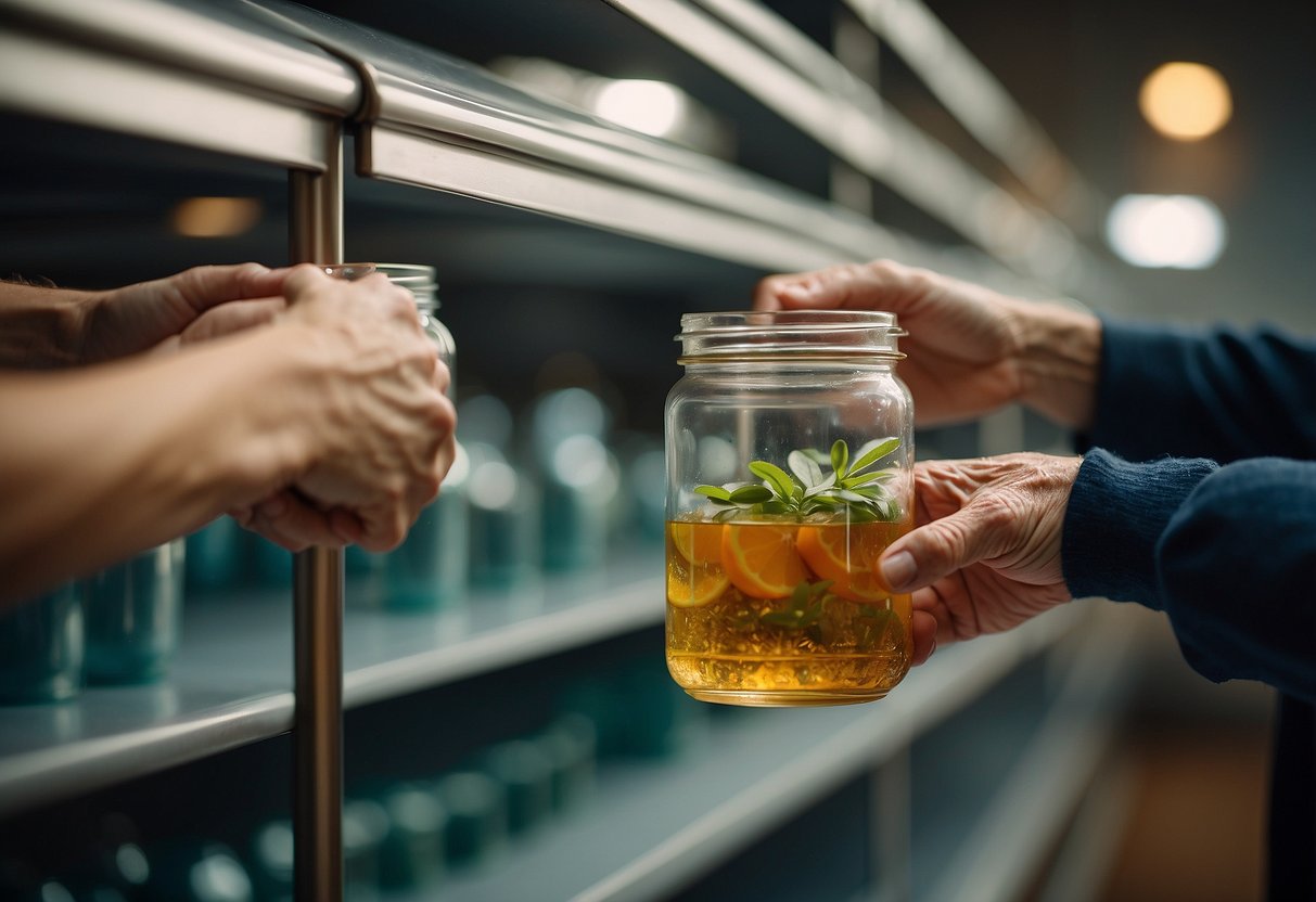 A senior's hand reaches for a jar on a high shelf, while another hand holds a railing for support
