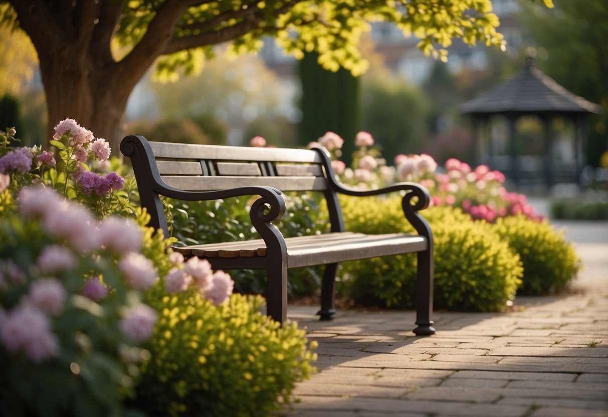 A serene garden with a bench and blooming flowers, a peaceful setting for seniors to practice static holds