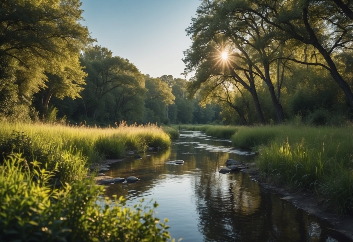 A serene landscape with a winding river, lush greenery, and a clear blue sky, evoking a sense of calm and tranquility