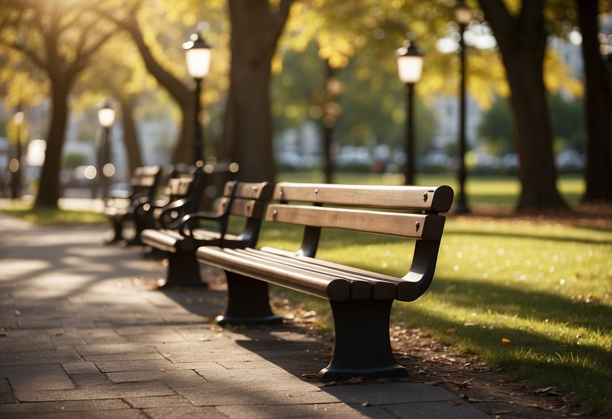 A serene park with various stationary objects like benches, trees, and light posts, representing different levels of difficulty for seniors to perform static holds