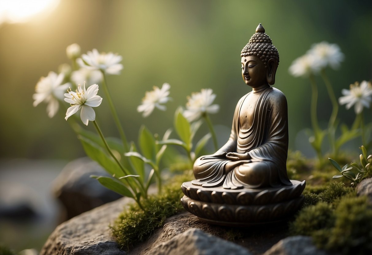 A serene setting with still objects. A tranquil atmosphere with symbols of safety and calmness. Deep breaths and steady posture