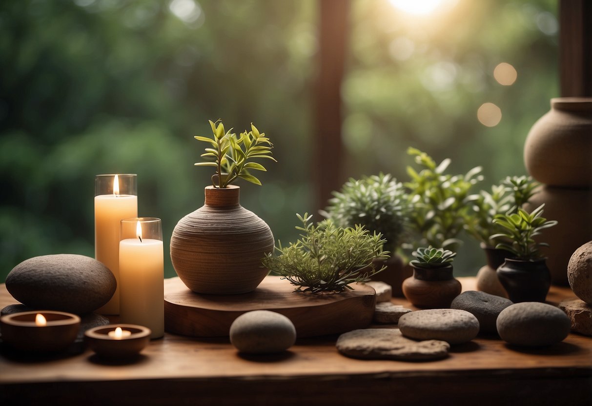 A serene setting with various props and equipment arranged for static holds and stretches, evoking a sense of calm and healing energy
