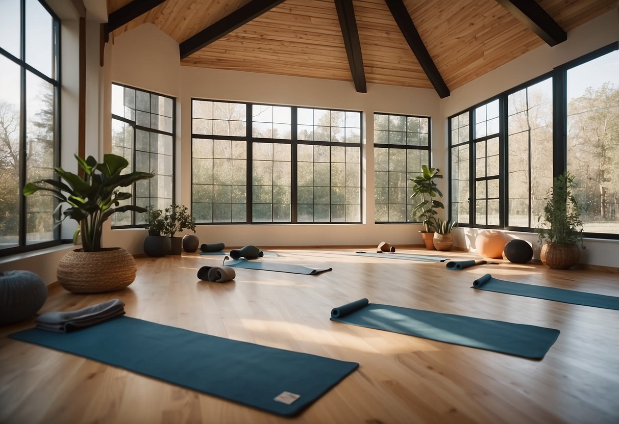 A serene yoga studio with gentle lighting, a mix of yoga props, and a variety of yoga mats arranged in a spacious and peaceful setting