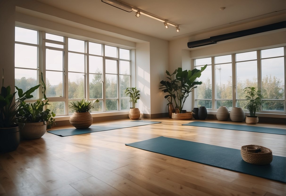 A serene yoga studio with props and mats. A peaceful atmosphere with soft lighting and calming music