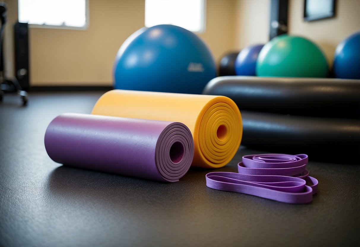 A set of resistance bands, a stability ball, and a foam roller arranged in a physical therapy room for post-injury recovery