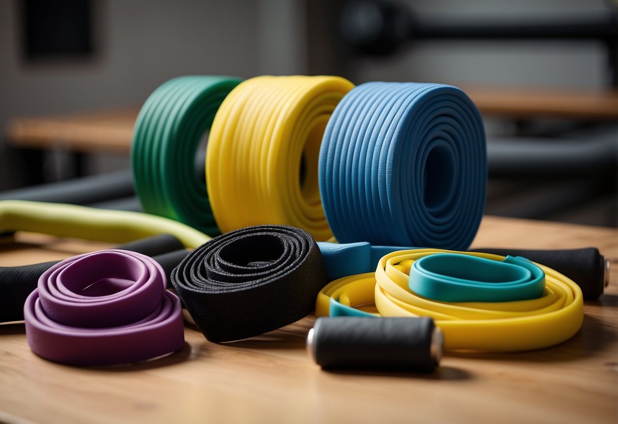 A set of resistance bands in various colors and tensions arranged neatly on a rack, with a yoga mat and foam roller placed nearby