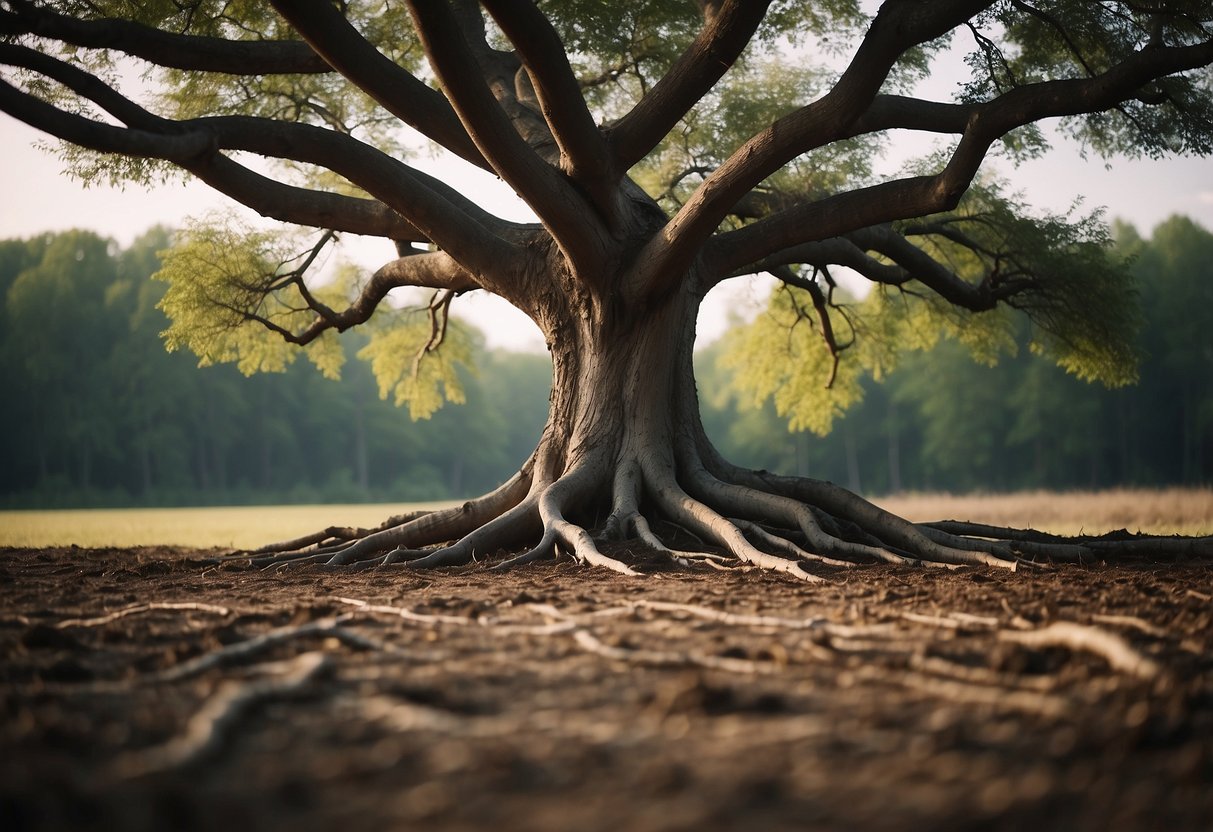 A sturdy tree with roots anchored in the ground, surrounded by still air and calm surroundings