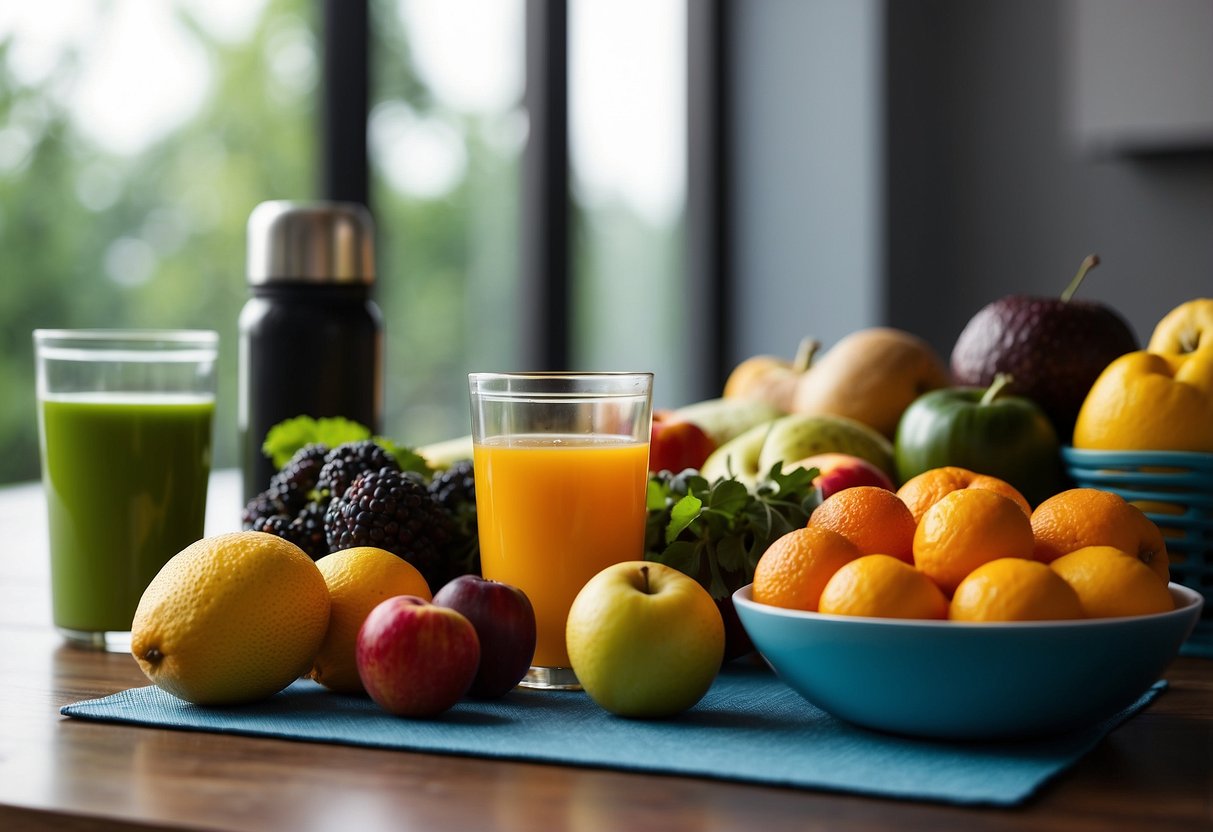A table with various fruits, vegetables, and water bottles arranged in a neat and organized manner. A yoga mat and a set of dumbbells are placed nearby