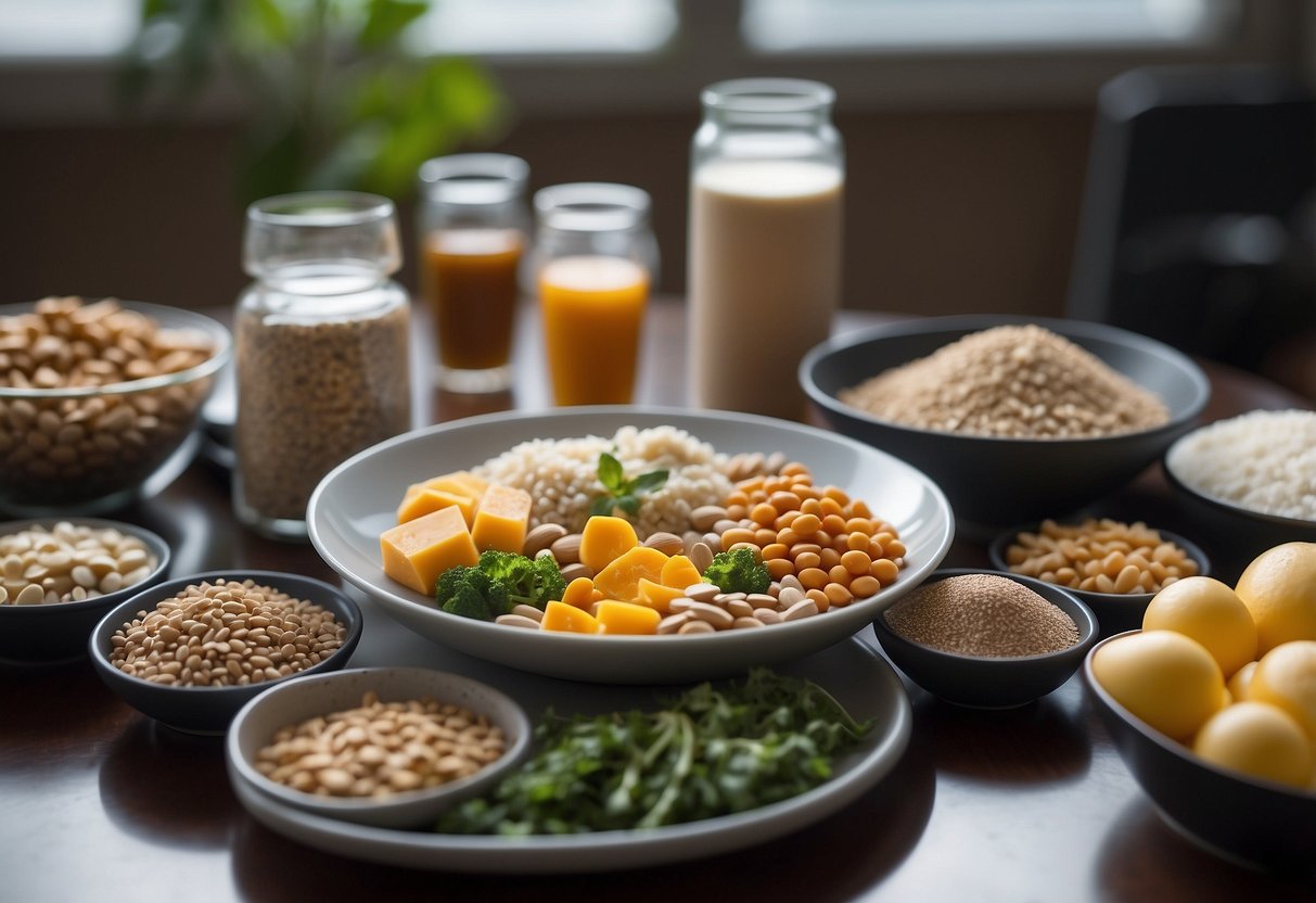 A table with various supplements, protein powder, and a balanced meal. A workout area with yoga mats, resistance bands, and a stability ball for static holds