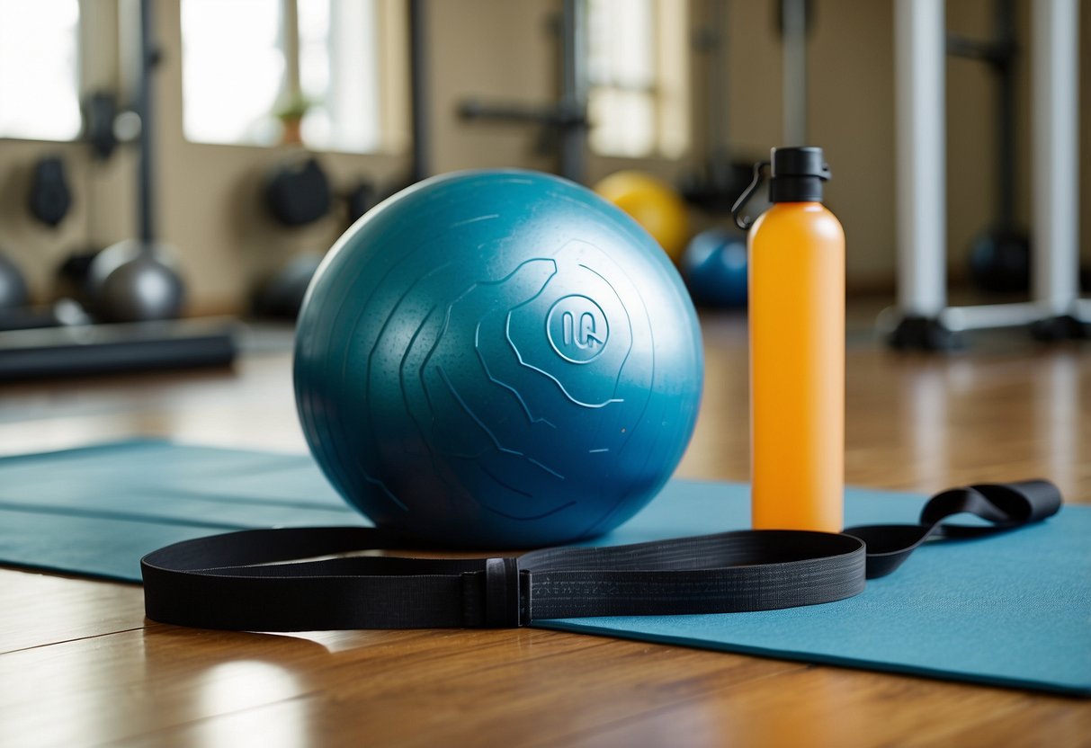 A weight plate rests on the ground, surrounded by resistance bands and a yoga mat. An exercise ball sits nearby, while a foam roller and water bottle are placed within reach