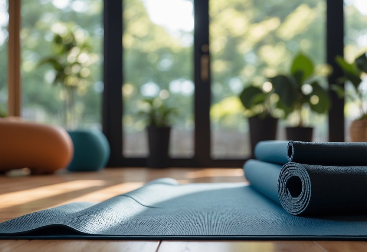 A yoga mat with props like blocks and straps, set in a peaceful, well-lit space with a beginner-friendly atmosphere