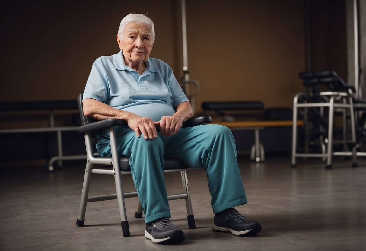 An elderly person holding onto a sturdy chair while performing static hold exercises, such as wall sits, planks, and leg lifts