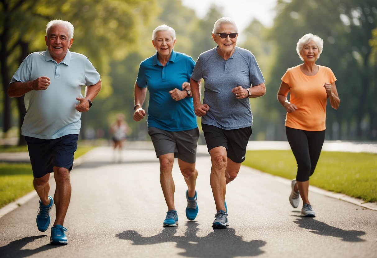 Elderly individuals engaging in low-impact exercise, such as walking or swimming, with a focus on cardiovascular health