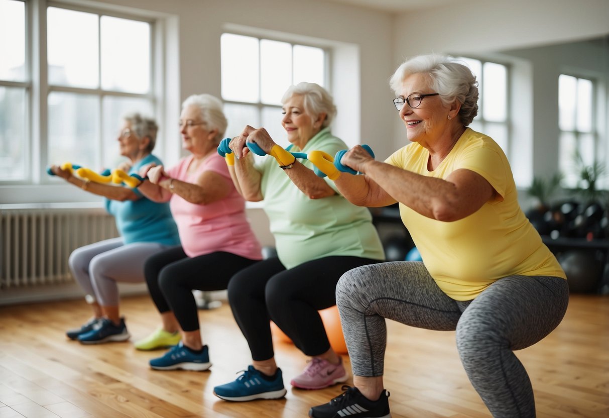 Elderly individuals engaging in low-impact exercises in a bright, spacious room with large windows, using resistance bands and light weights