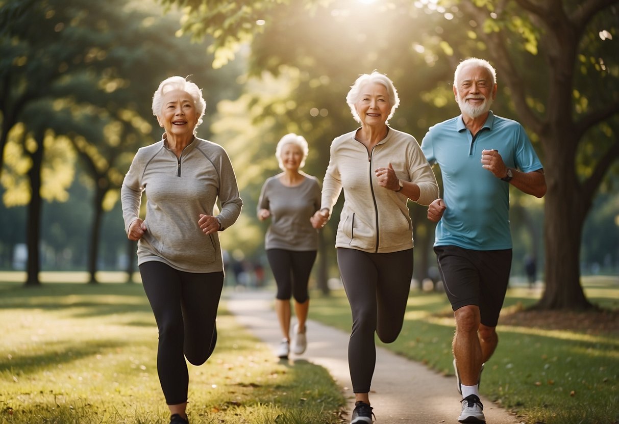 Elderly individuals exercising in a park, surrounded by trees and sunlight. A group of seniors engaging in various cardiovascular activities such as walking, jogging, and stretching