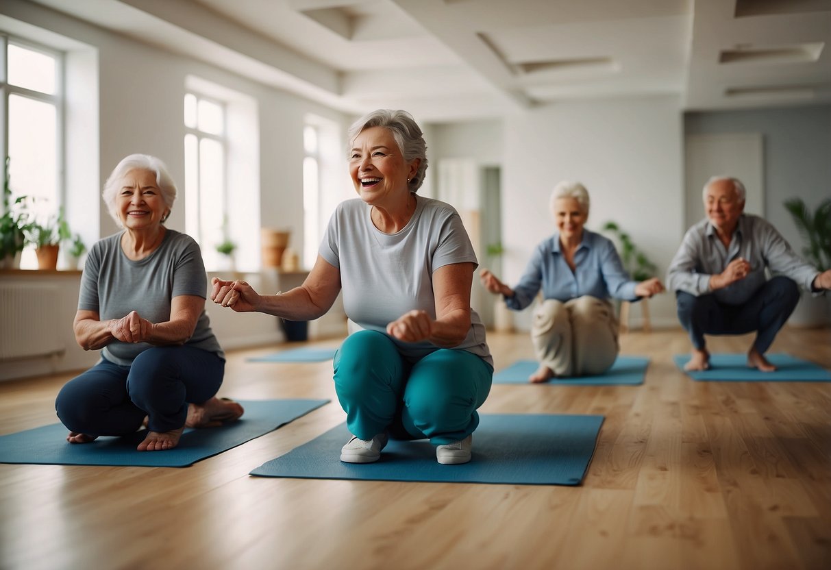 Elderly individuals perform static holds in a bright, spacious room. Smiling faces and relaxed postures convey success and satisfaction