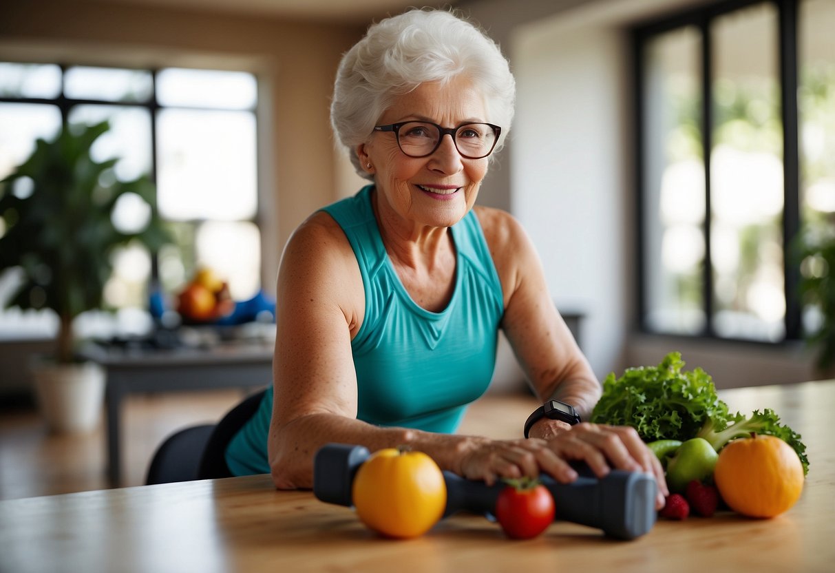 Elderly person exercising with a water bottle nearby. Fruits and vegetables on a table. Heart rate monitor and exercise equipment in the background