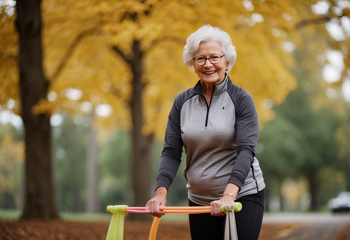 Elderly person using resistance bands and balance board for fall prevention exercises. Trainer offering encouragement and guidance