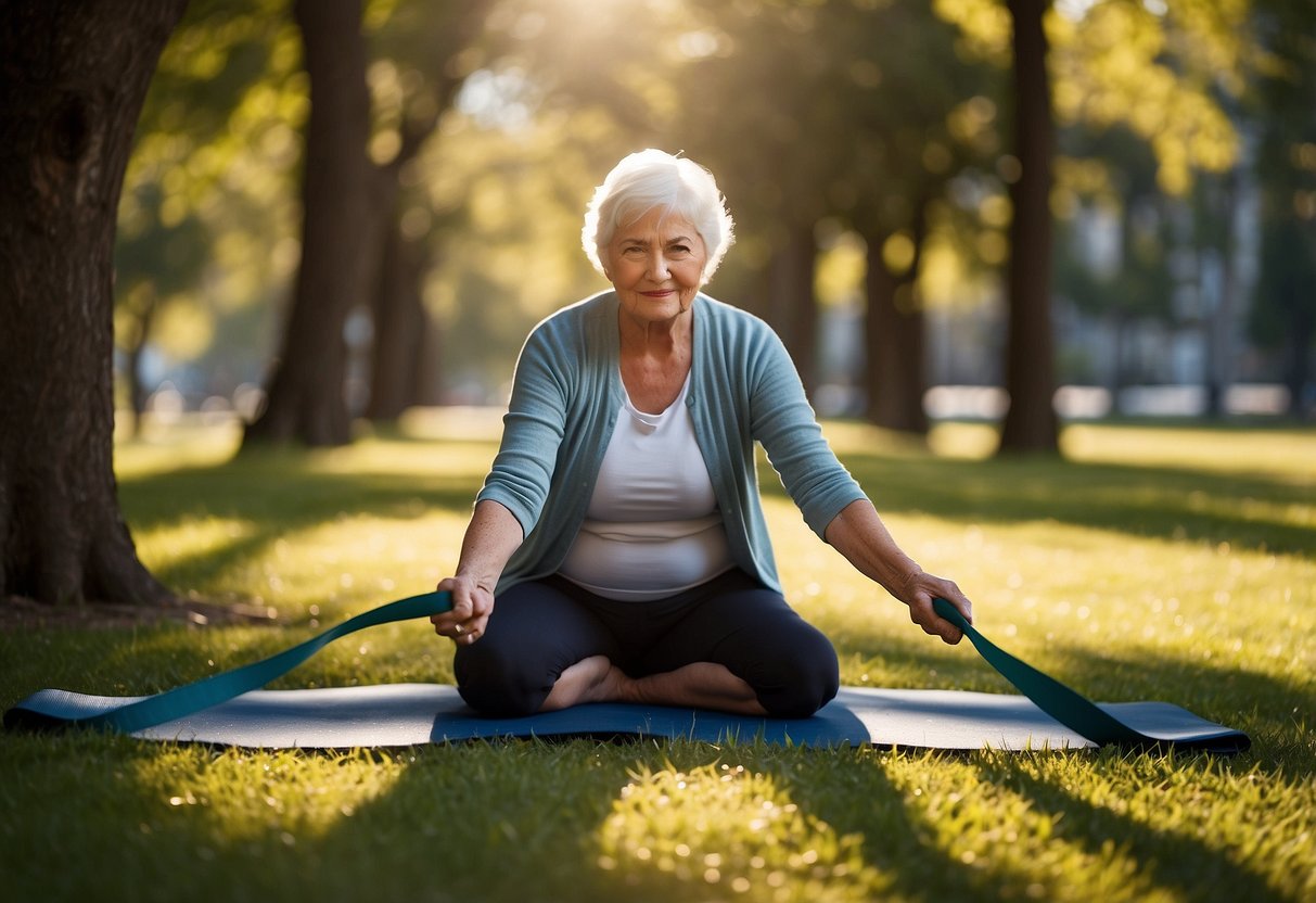 Elderly person using resistance bands in a park. Sunlight filters through trees, casting shadows on the ground. Trees and grass in the background
