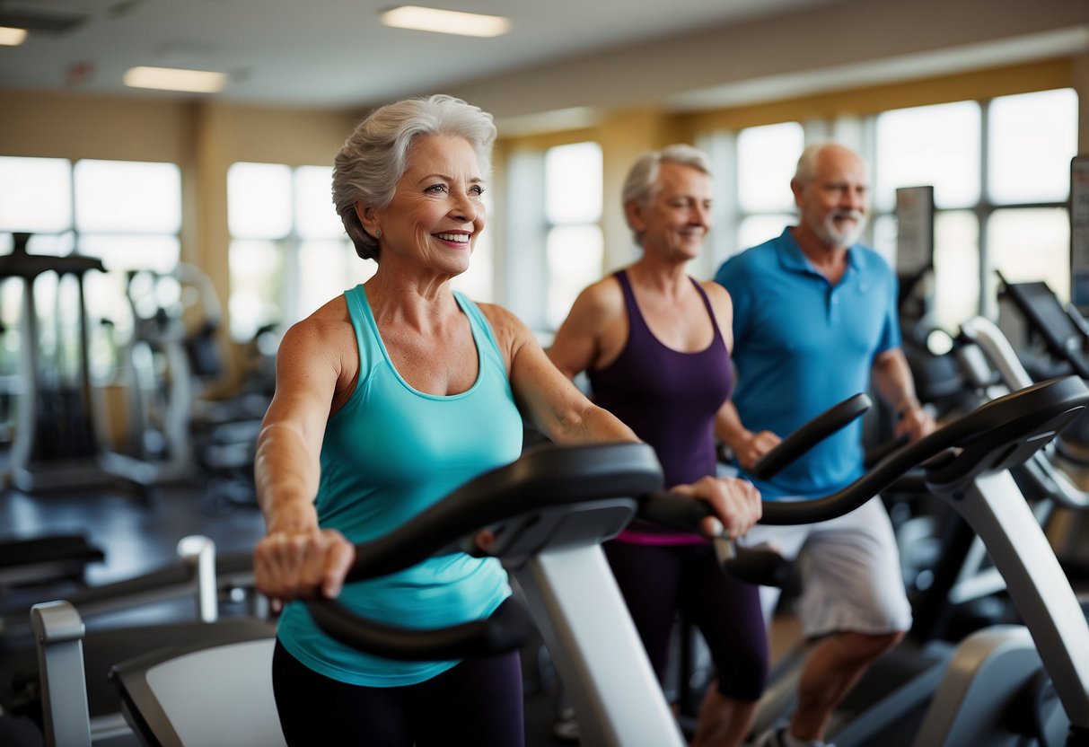 Seniors exercising in a gym, using cardio machines and weights. Trainer monitors progress and provides guidance. Heart rate monitors and health charts visible