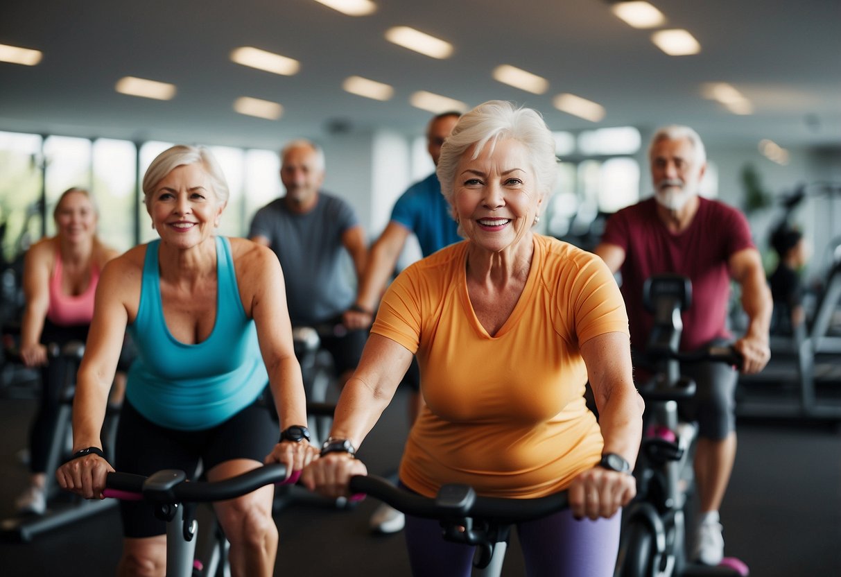 Seniors exercising in a gym, using resistance bands and stationary bikes. A trainer guides them, while others monitor heart rates