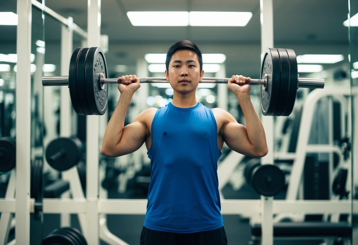 A person lifting weights in a gym, surrounded by exercise equipment and mirrors, with a focused expression