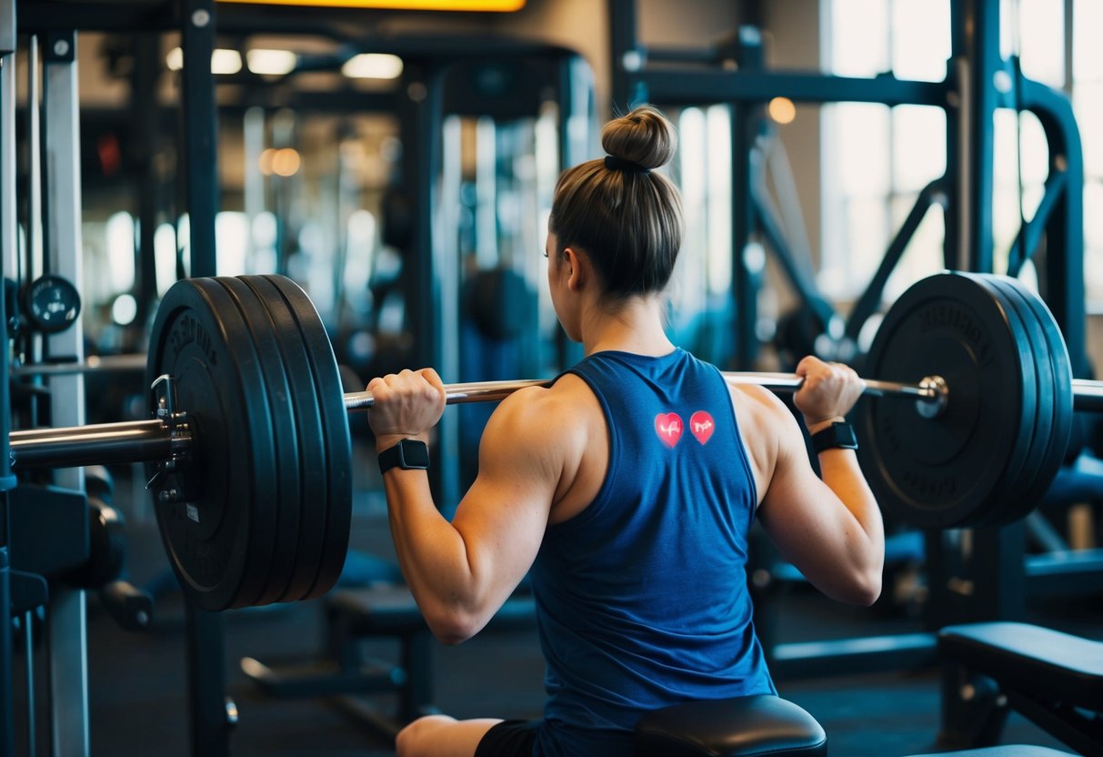 A person lifting weights in a gym, surrounded by various equipment and weights. A heart rate monitor is visible, showing a strong and steady heartbeat