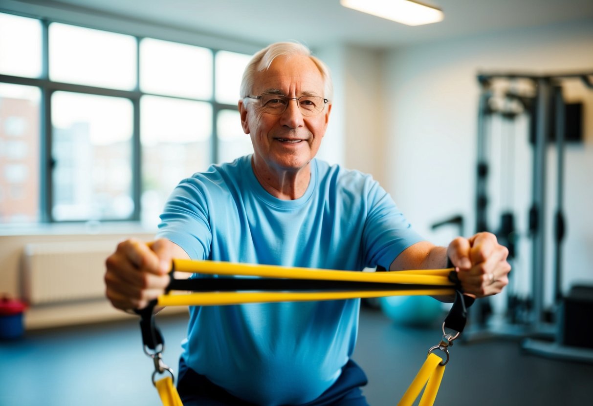 A senior is using resistance bands to exercise in a well-lit and spacious room with safety equipment nearby