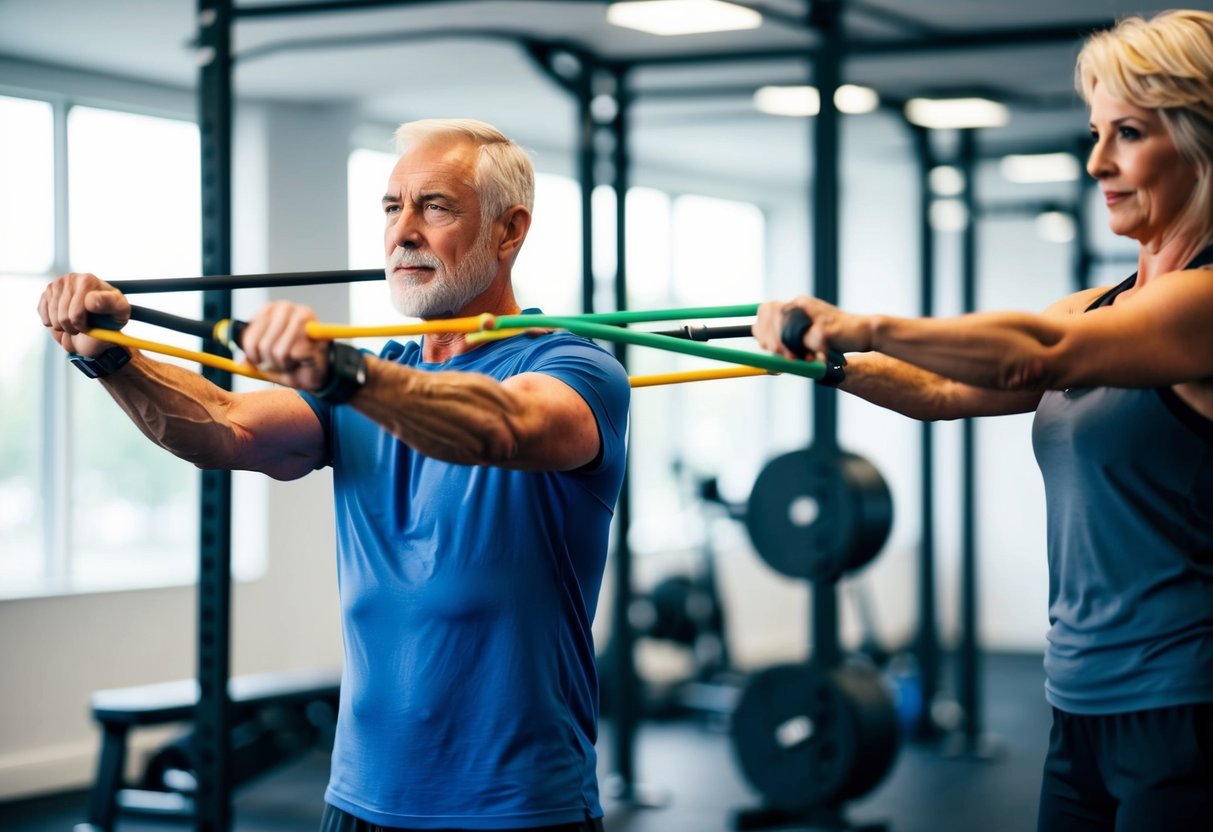 A senior performing strength exercises using resistance bands in a well-lit gym, with a trainer providing guidance and support
